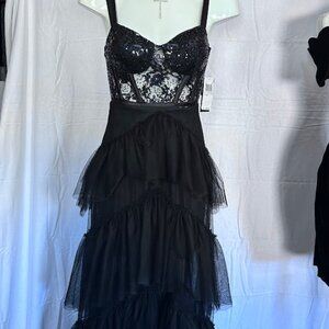 Lace corset top ruffled bottom black prom dress